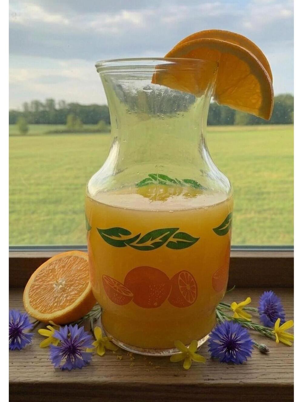 Vintage 1987 Anchor Hocking Orange Juice Carafe - 8.5" Citrus Motif - Very Good